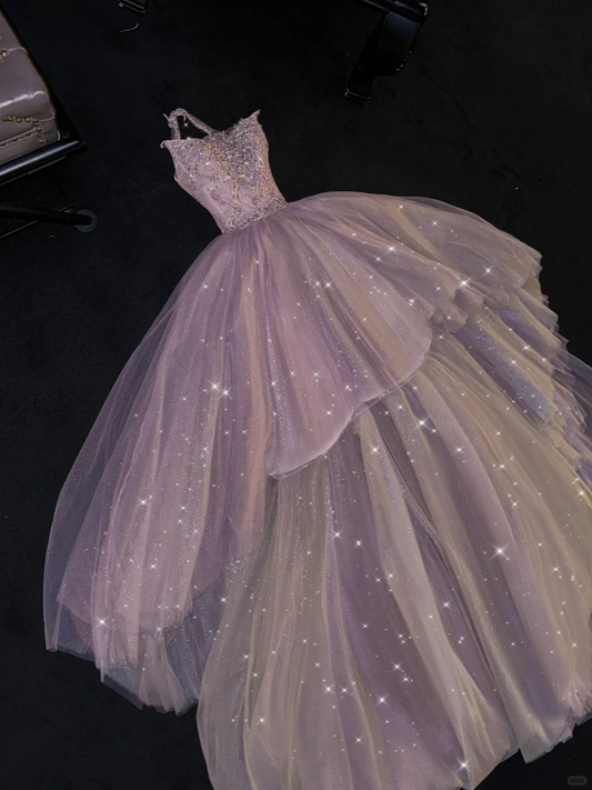 Shiny Lilac Halter A-Line Beaded Long Evening Party Dress Birthday Ball Gown, DP5335