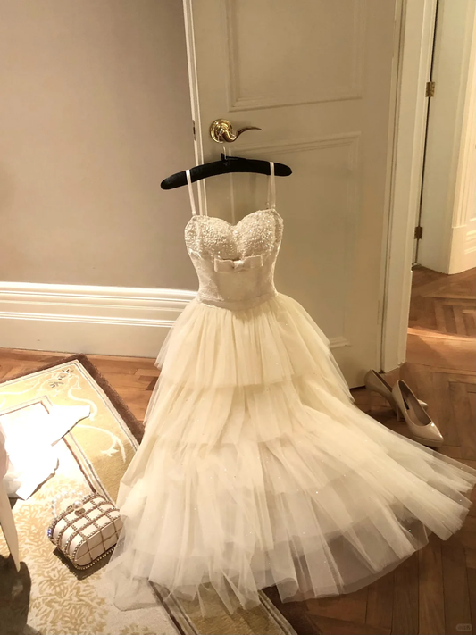 Lovely Spaghetti Straps White A-Line Tulle Long Party Dress Birthday Outfits, DP5338