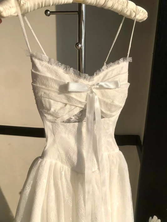 Lovely Spaghetti Straps White A-Line Lace Long Party Dress Birthday Outfits, DP5339