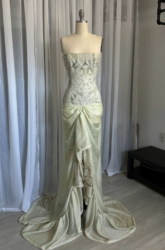 Light Sage Strapless Sheath Chiffon Long Party Dress Elegant Evening Dress, DP5342