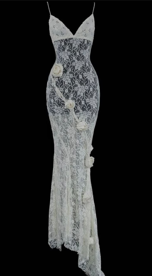 Sexy Ivory V Neck Spaghetti Straps Mermaid Lace Long Evening Party Dress, DP5343
