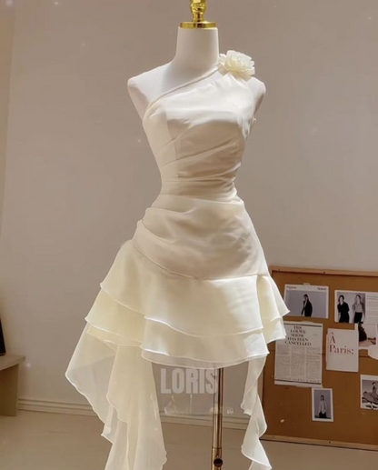 Elegant Ivory One Shoulder A-Line Ruffles Short Party Dress Homecoming Dress, DP5347