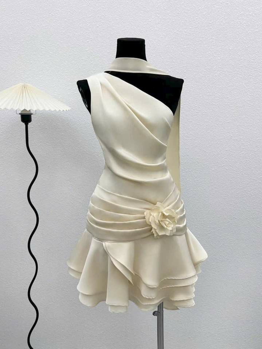 Elegant Ivory One Shoulder A-Line Ruffles Short Party Dress Homecoming Dress, DP5348