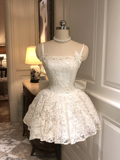Cute Straps A-Line White Lace Short Birthday Outfits Homecoming Dress, DP5349