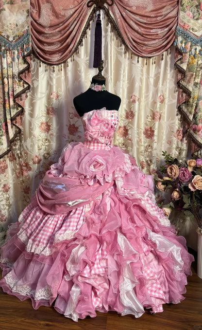 Pink Strapless A-Line Ruffles Layered Quinceanera Dress Lovely Birthday Ball Gown, DP5428