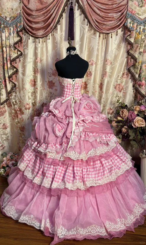 Pink Strapless A-Line Ruffles Layered Quinceanera Dress Lovely Birthday Ball Gown, DP5428
