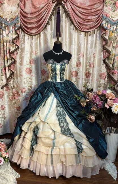 Retro Teal Sweetheart A-Line Satin Quinceanera Dress Birthday Ball Gown, DP5429