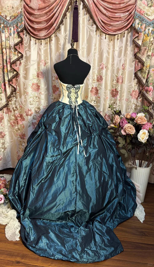 Retro Teal Sweetheart A-Line Satin Quinceanera Dress Birthday Ball Gown, DP5429