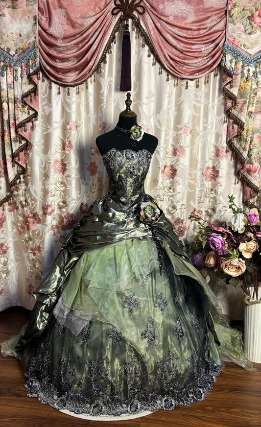 Green Strapless A-Line Satin Lace Long Evening Dress Birthday Ball Gown, DP5430