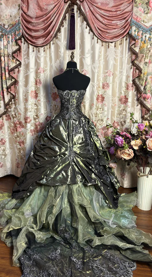 Green Strapless A-Line Satin Lace Long Evening Dress Birthday Ball Gown, DP5430