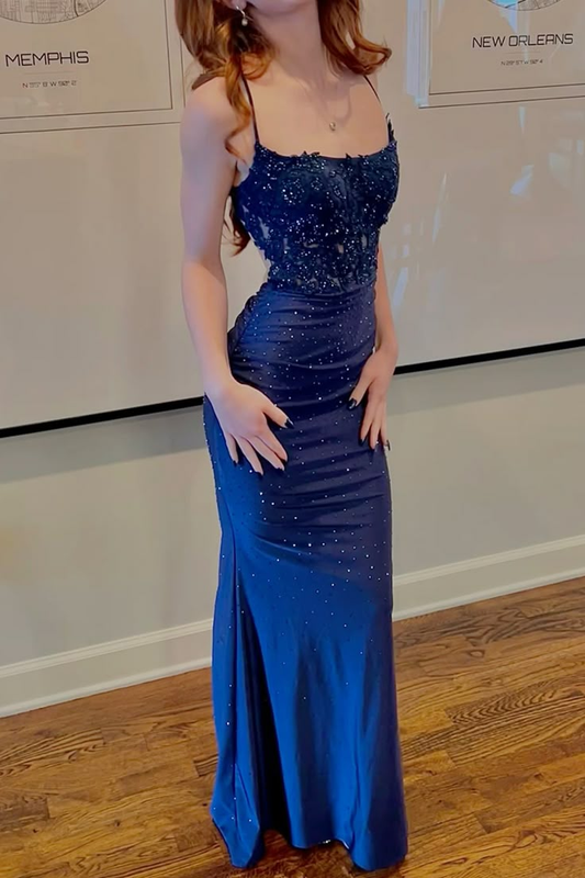 Navy Blue Straps Mermaid Satin Beaded Long Party Dresses Formal Prom Dresses, DP5465