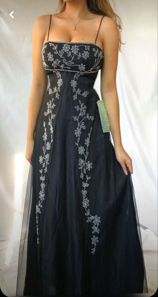 Black Spaghetti Straps A-Line Beading Vintage Long Evening Party Dresses, DP5469
