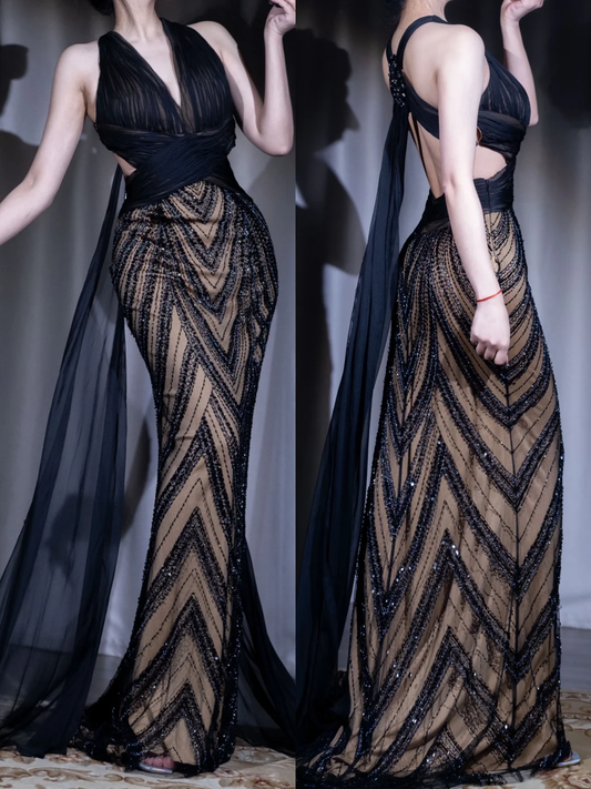 Elegant Black V Neck Mermaid Beading Vintage Long Evening Party Dresses, DP5471