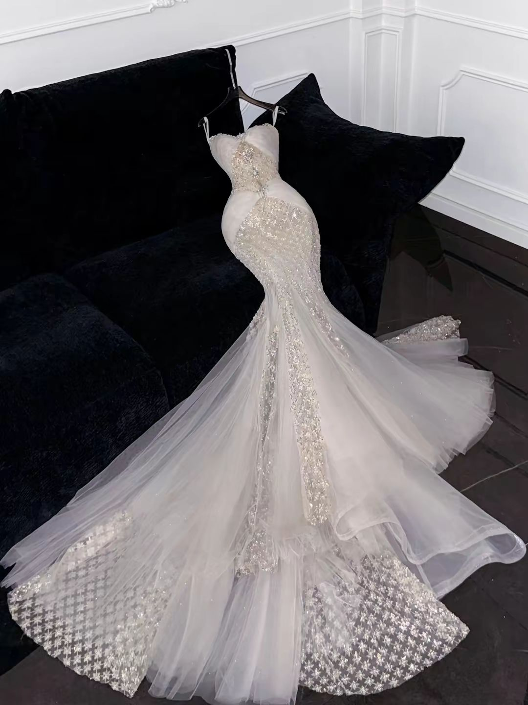 Wunderschönes weißes trägerloses Meerjungfrau-Tüll-Partykleid, langes Brautkleid, DP5476