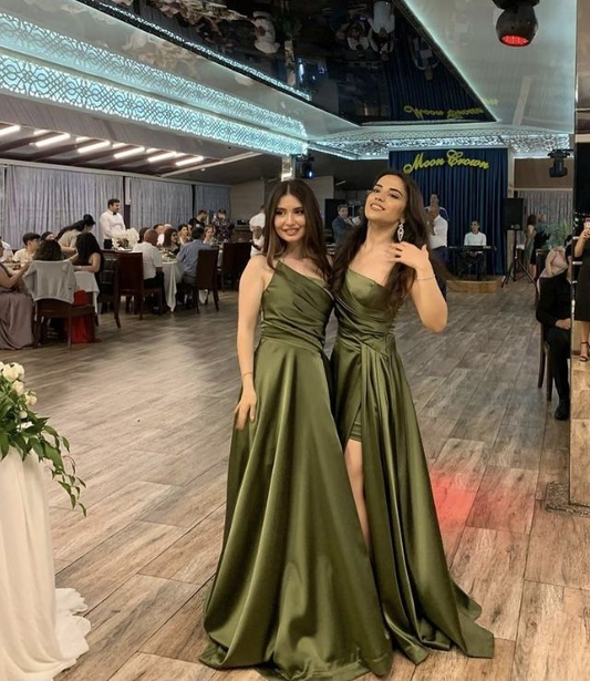 Pretty Green A-Line Satin Split Long Party Dresses Bridesmaid Dresses, DP5478