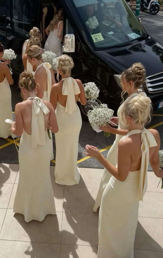 Elegant Ivory Halter Backless Mermaid Long  Party Dresses Bridesmaid Dresses, DP5479