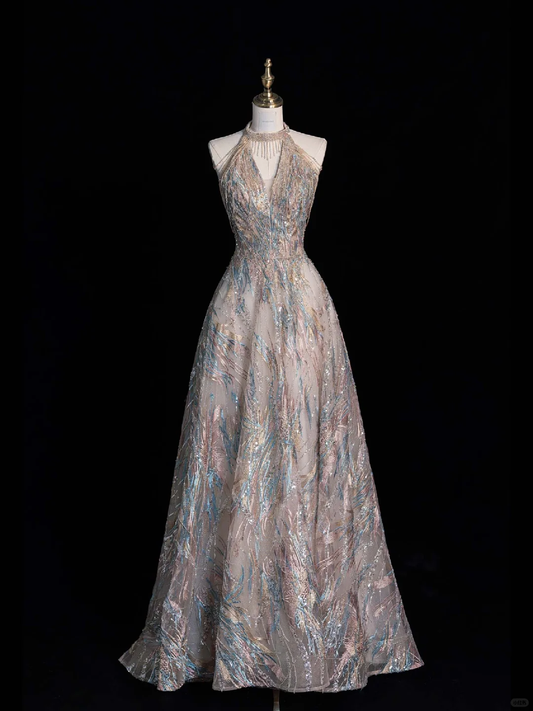 Elegant Halter Neck A-Line Sequins Beaded Long Prom Dresses Evening Gowns, DP5484