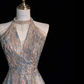 Elegant Halter Neck A-Line Sequins Beaded Long Prom Dresses Evening Gowns, DP5484