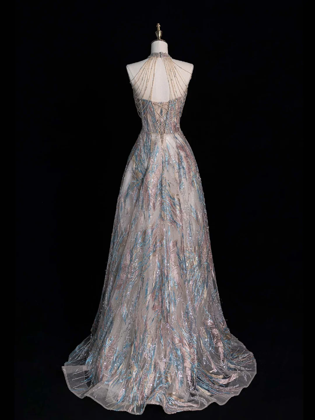 Elegant Halter Neck A-Line Sequins Beaded Long Prom Dresses Evening Gowns, DP5484