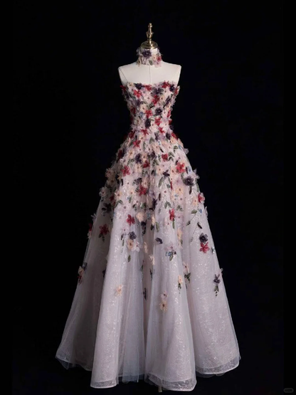 Light Pink Strapless A-Line Floral Beading Long Prom Dresses Evening Gowns, DP5485