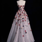 Light Pink Strapless A-Line Floral Beading Long Prom Dresses Evening Gowns, DP5485