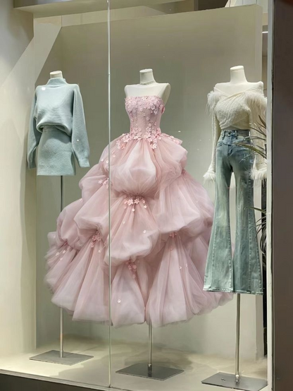 Lovely Pink Strapless A-Line Birthday Ball Gowns Sweet 16 Quinceanera Dresses, DP5490