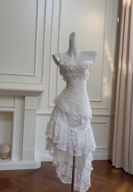 White Spaghetti Straps Sheath Lace Beading Long Evening Party Dresses, DP5493