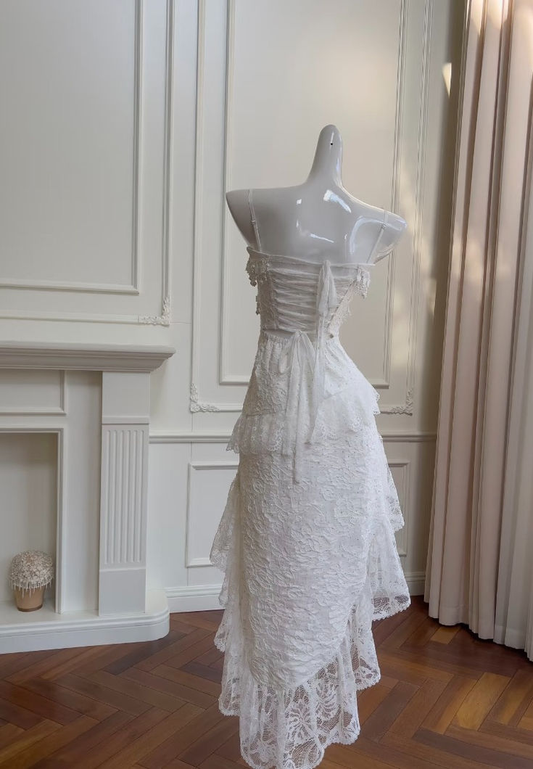 White Spaghetti Straps Sheath Lace Beading Long Evening Party Dresses, DP5493