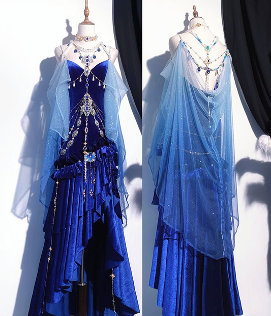 Royal Blue Spaghetti Straps Mermaid Velvet Long Evening Party Dresses, DP5495
