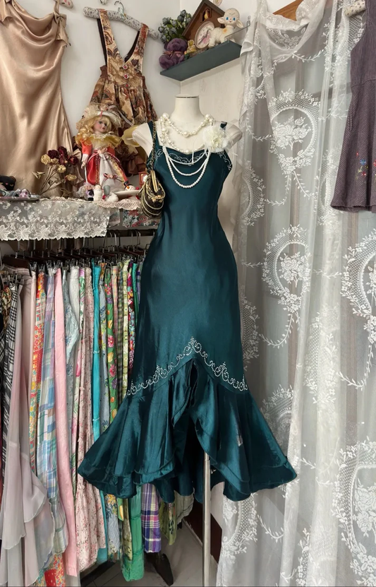 Dark Green Straps Mermaid Chiffon Beaded Vintage Long Evening Party Dresses, DP5505