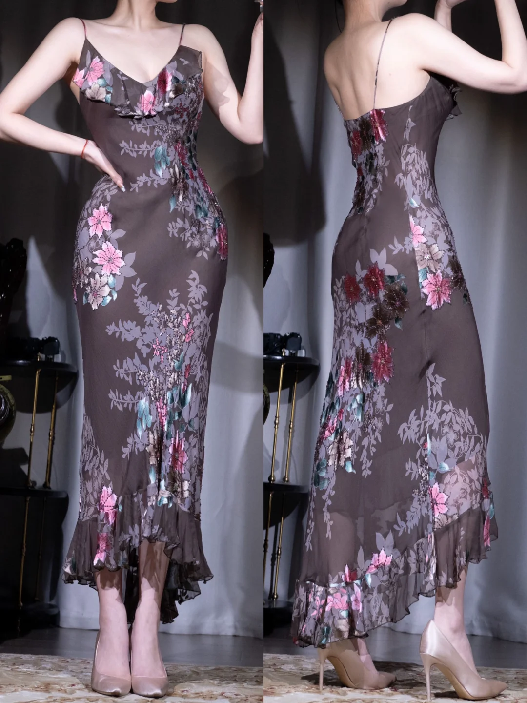 Sexy Spaghetti Straps Mermaid Chiffon Vintage Long Evening Dresses, DP5521