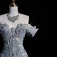 Blue Off Shoulder Mermaid Beaded Long Prom Dresses Evening Gowns, DP5524