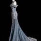 Blue Off Shoulder Mermaid Beaded Long Prom Dresses Evening Gowns, DP5524