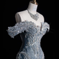 Blue Off Shoulder Mermaid Beaded Long Prom Dresses Evening Gowns, DP5524