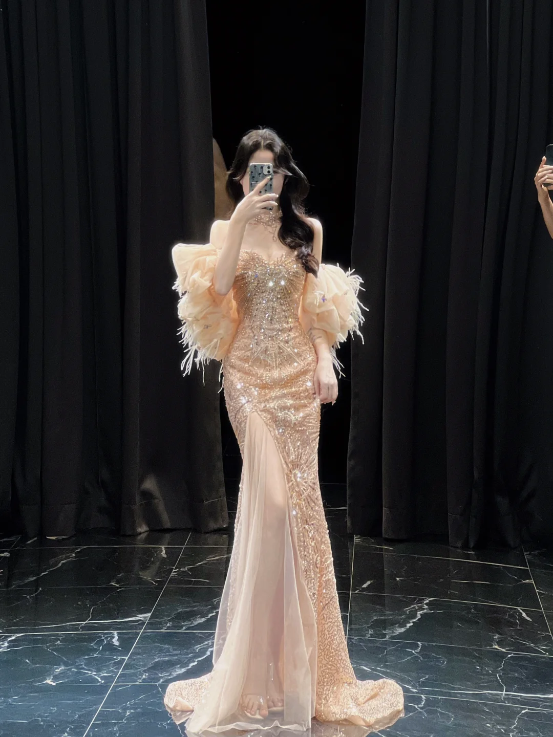 Champagne Gold Off Shoulder Mermaid Long Prom Dresses Evening Gowns, DP5525