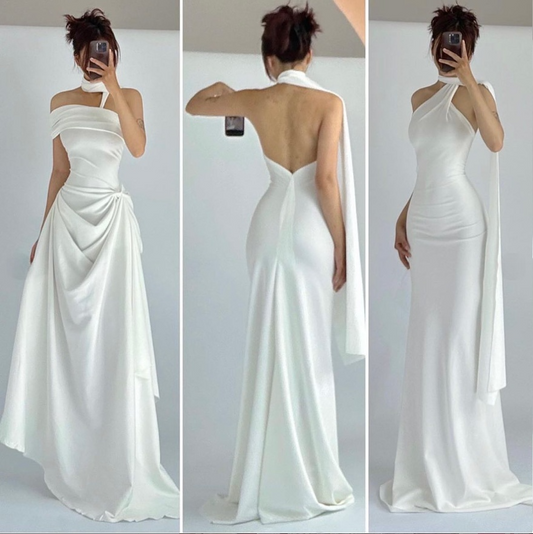 Sexy White Halter Mermaid Open Back Long Evening Party Dresses, DP5527