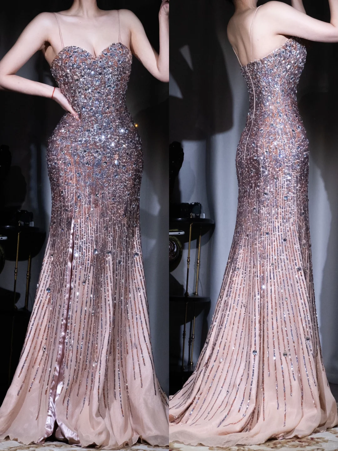 Shiny Spaghetti Straps Mermaid Beading Long Evening Party Dresses, DP5528