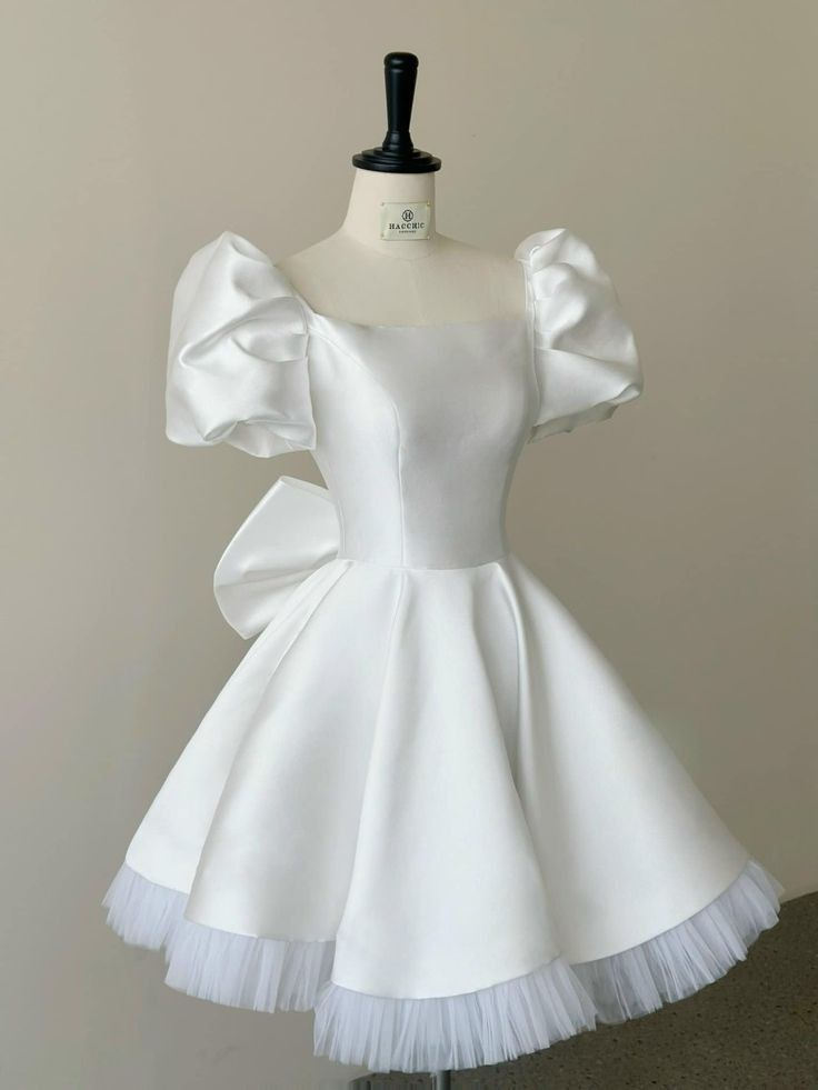 White A-Line Short Sleeves Cute Satin Birthday Dresses Short Party Dresses, DP5531
