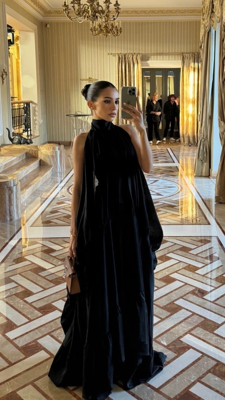 Black Halter Neck A-Line Long Evening Dresses Wedding Guest Dresses, DP5544