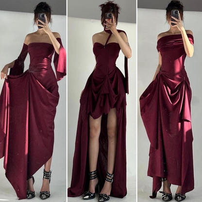 Elegant Burgundy Strapless A-Line Long Prom Dresses DP5545