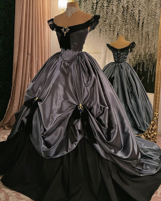 Elegant Off Shoulder A-Line Lace Satin Vintage Evening Ball Gowns, DP5546