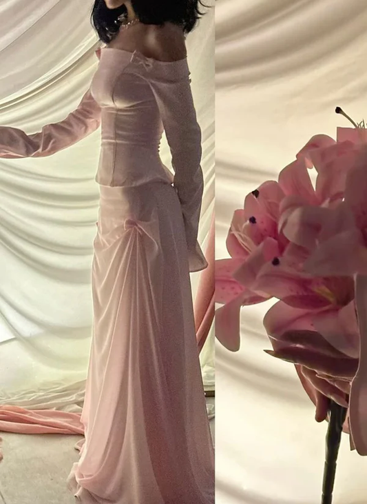 Elegant Pink Off Shoulder Sheath Long Party Dress Lovely Birthday Outfits, DP5549