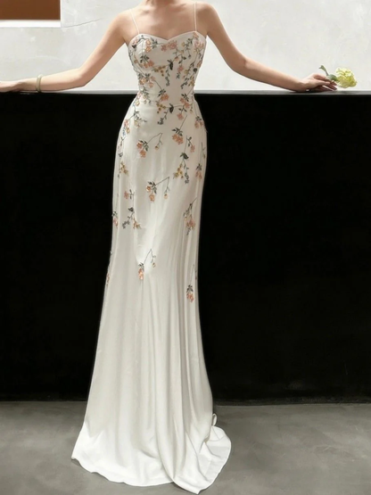 Elegant White Spaghetti Straps A-Line Flower Long Evening Party Dresses, DP5550