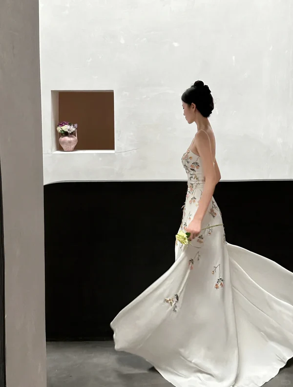 Elegant White Spaghetti Straps A-Line Flower Long Evening Party Dresses, DP5550