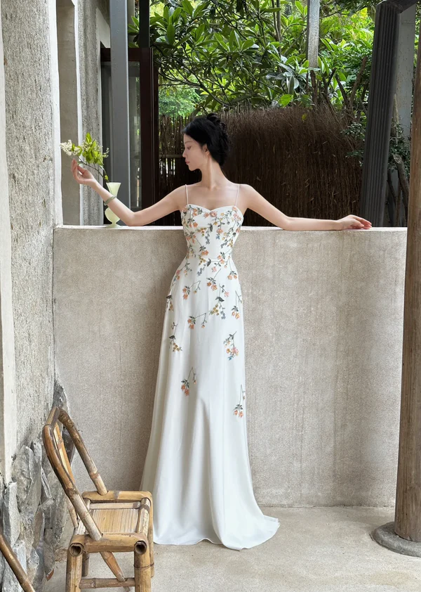 Elegant White Spaghetti Straps A-Line Flower Long Evening Party Dresses, DP5550