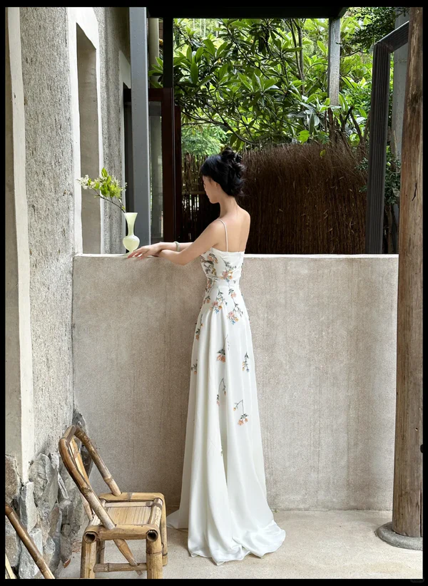 Elegant White Spaghetti Straps A-Line Flower Long Evening Party Dresses, DP5550