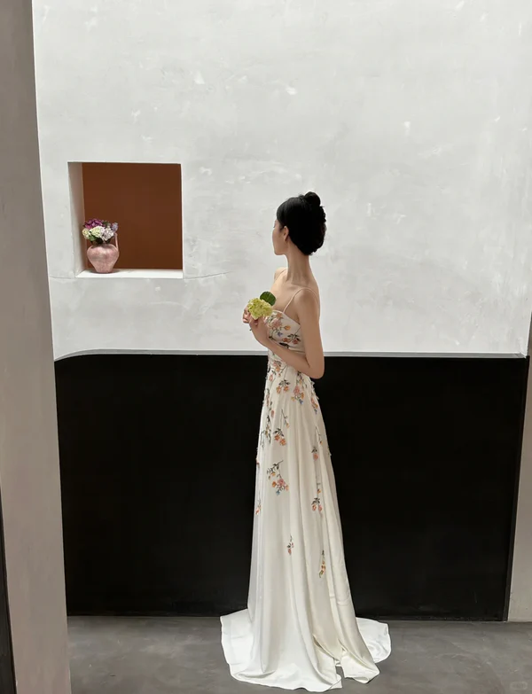 Elegant White Spaghetti Straps A-Line Flower Long Evening Party Dresses, DP5550