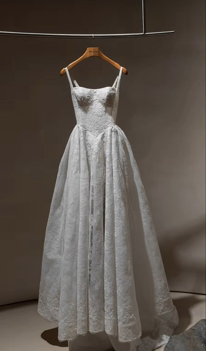 Elegant Square Neck Spaghetti Strap Lace A‑Line Bridal Gown Wedding Dress DP5567