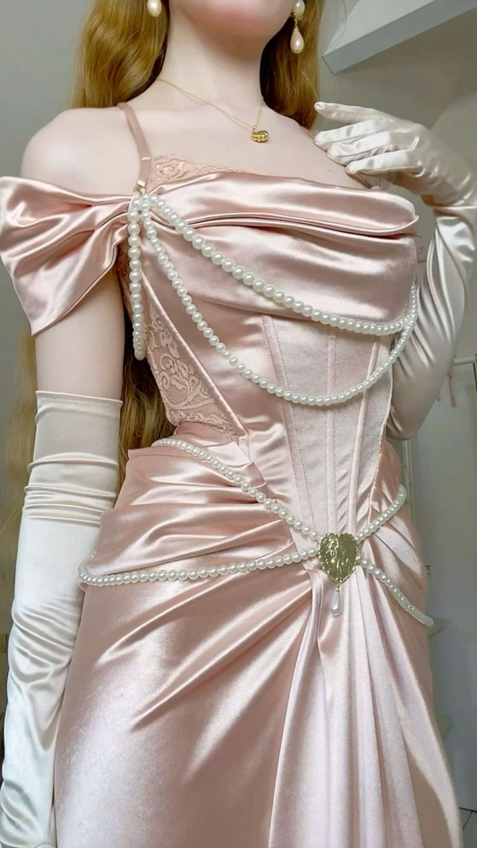 Pink Off Shoulder Straps Mermaid Satin Retro Long Party Dresses, DP5570