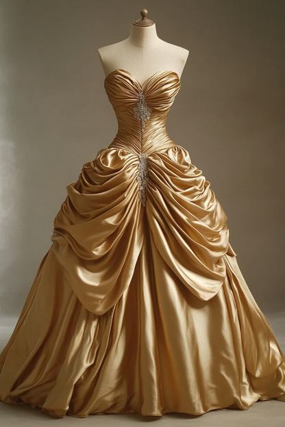 Retro Gold Sweetheart A-Linie Satin Luxuriöse Ballkleider Abend Ballkleider, DP5576